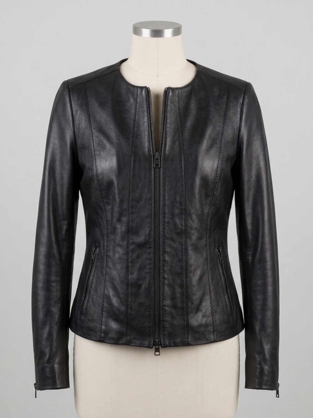 Halogen Black Genuine Leather Collarless Zip Jacket XS P NWOT